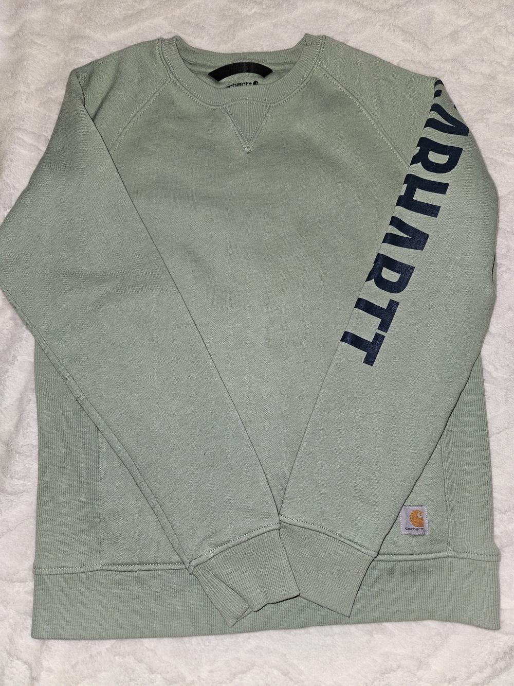 Carhartt Crewneck Sweatshirt in Sage Green with Navy Sleeve Logo